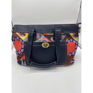 Vintage Coach Rare Bright Artsy Medium Signature Satchel Purse Navy Blue Leather